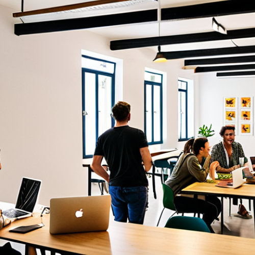 Home 19 A vibrant and bustling coworking space in Lisbon, Portugal. Capture the diverse group of professionals working on laptops, collaborating at tables, and engaging in casual conversations. The space is filled with natural light, plants, and modern furniture. In the background, a startup team brainstorms ideas on a whiteboard. The overall atmosphere is energetic, innovative, and distinctly Portuguese.