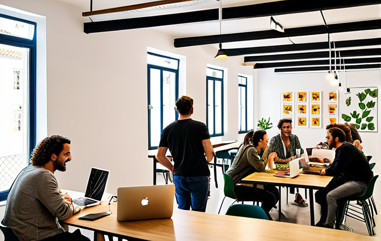 A vibrant and bustling coworking space in Lisbon, Portugal. Capture the diverse group of professionals working on laptops, collaborating at tables, and engaging in casual conversations. The space is filled with natural light, plants, and modern furniture. In the background, a startup team brainstorms ideas on a whiteboard. The overall atmosphere is energetic, innovative, and distinctly Portuguese.