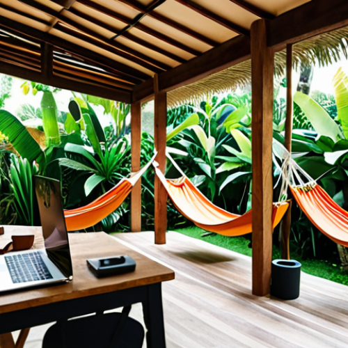 Home 18 **A vibrant coworking space in Bali, Indonesia.** Focus on lush greenery, open-air design, digital nomads working on laptops, and a relaxed, tropical atmosphere. Include elements like hammocks, yoga mats, and healthy food options.