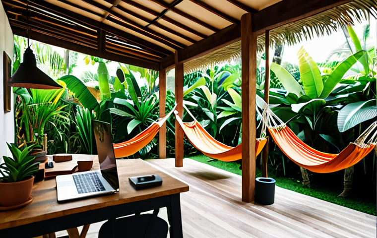 **A vibrant coworking space in Bali, Indonesia.** Focus on lush greenery, open-air design, digital nomads working on laptops, and a relaxed, tropical atmosphere. Include elements like hammocks, yoga mats, and healthy food options.