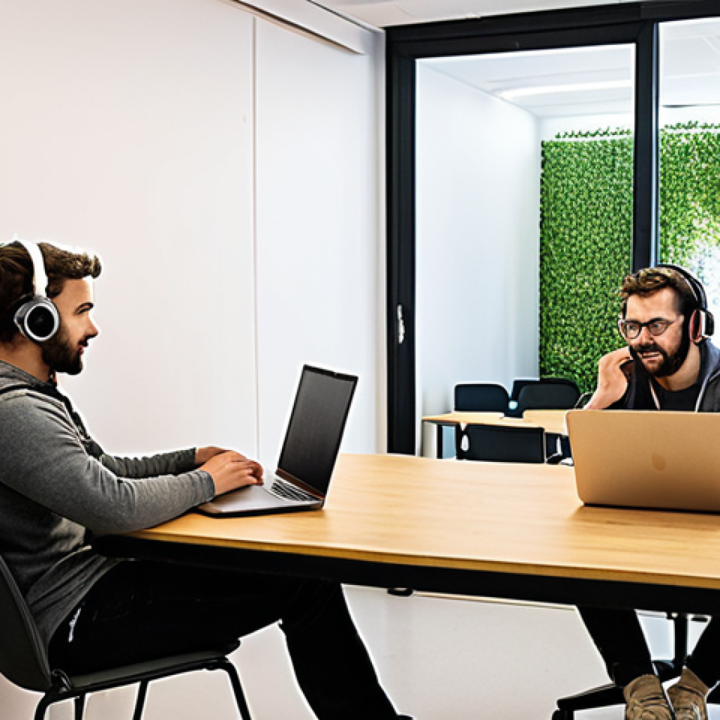 ** A brightly lit, modern coworking space in Lisbon. Focus on a person diligently working on a laptop, using a laptop lock for security. Another person is discreetly talking on a headset in a meeting room with soundproofing. The scene emphasizes personal security and privacy within a shared workspace.

**