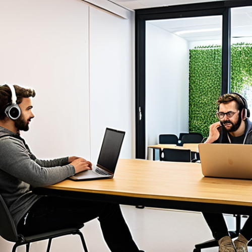Home 17 ** A brightly lit, modern coworking space in Lisbon. Focus on a person diligently working on a laptop, using a laptop lock for security. Another person is discreetly talking on a headset in a meeting room with soundproofing. The scene emphasizes personal security and privacy within a shared workspace.
**