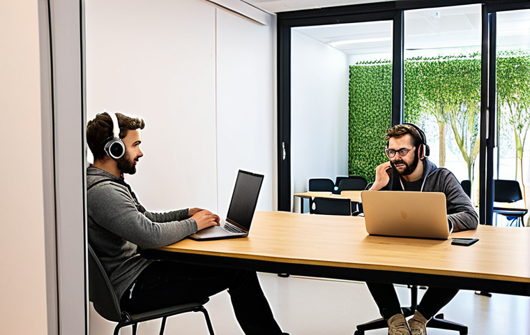 ** A brightly lit, modern coworking space in Lisbon. Focus on a person diligently working on a laptop, using a laptop lock for security. Another person is discreetly talking on a headset in a meeting room with soundproofing. The scene emphasizes personal security and privacy within a shared workspace.
**