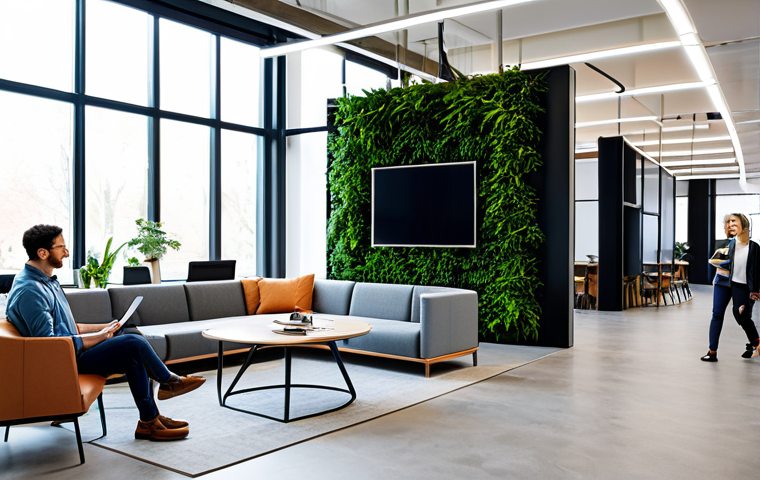 A diverse group of professionals, male and female, engaged in dynamic collaboration and focused work in a modern coworking space. All subjects are fully clothed in contemporary, modest business attire, reflecting a professional dress code. The environment is a sleek, futuristic coworking hub, bathed in abundant natural light, featuring seamless integration of smart technology such as large interactive display screens and ergonomic furniture. Subtle biophilic design elements like living plant walls enhance the atmosphere, which is vibrant and fosters innovation and real connections. Perfect anatomy, correct proportions, natural pose, well-formed hands, proper finger count, natural body proportions. High-quality professional photography, ultra-realistic, photorealistic. Safe for work, appropriate content, fully clothed, professional, family-friendly.