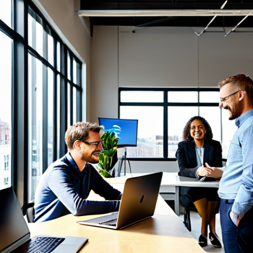 A diverse group of adult professionals, including men and women of various ethnicities, are actively collaborating and engaging in a modern, sun-drenched coworking space. They are fully clothed in professional, modest business attire. Some are working on laptops at ergonomic desks, while others are gathered in a discussion area, sharing ideas. The background features large windows offering city views, lush potted plants, and sleek, contemporary furniture, subtly suggesting sustainability. Digital screens display interconnected global networks and ongoing virtual meetings, emphasizing the international reach and technological integration of the space. The atmosphere is energetic, innovative, and inclusive. Perfect anatomy, correct proportions, natural pose, well-formed hands, proper finger count, natural body proportions. Professional photography, high quality, safe for work, appropriate content, family-friendly, professional.