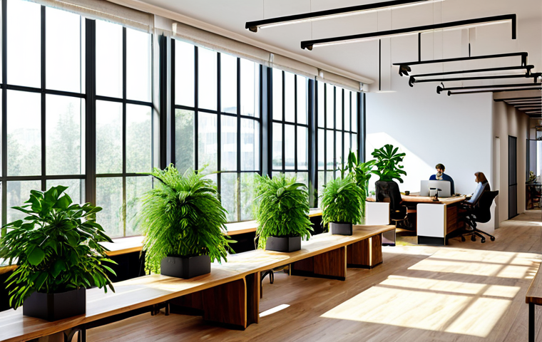 Biophilic Coworking Space**

"A bright and airy coworking space filled with lush green plants and natural light streaming through large windows, workers at ergonomic desks, collaborative seating areas, natural wood accents, safe for work, appropriate content, fully clothed, professional, perfect anatomy, natural proportions, high-quality rendering, family-friendly."

**