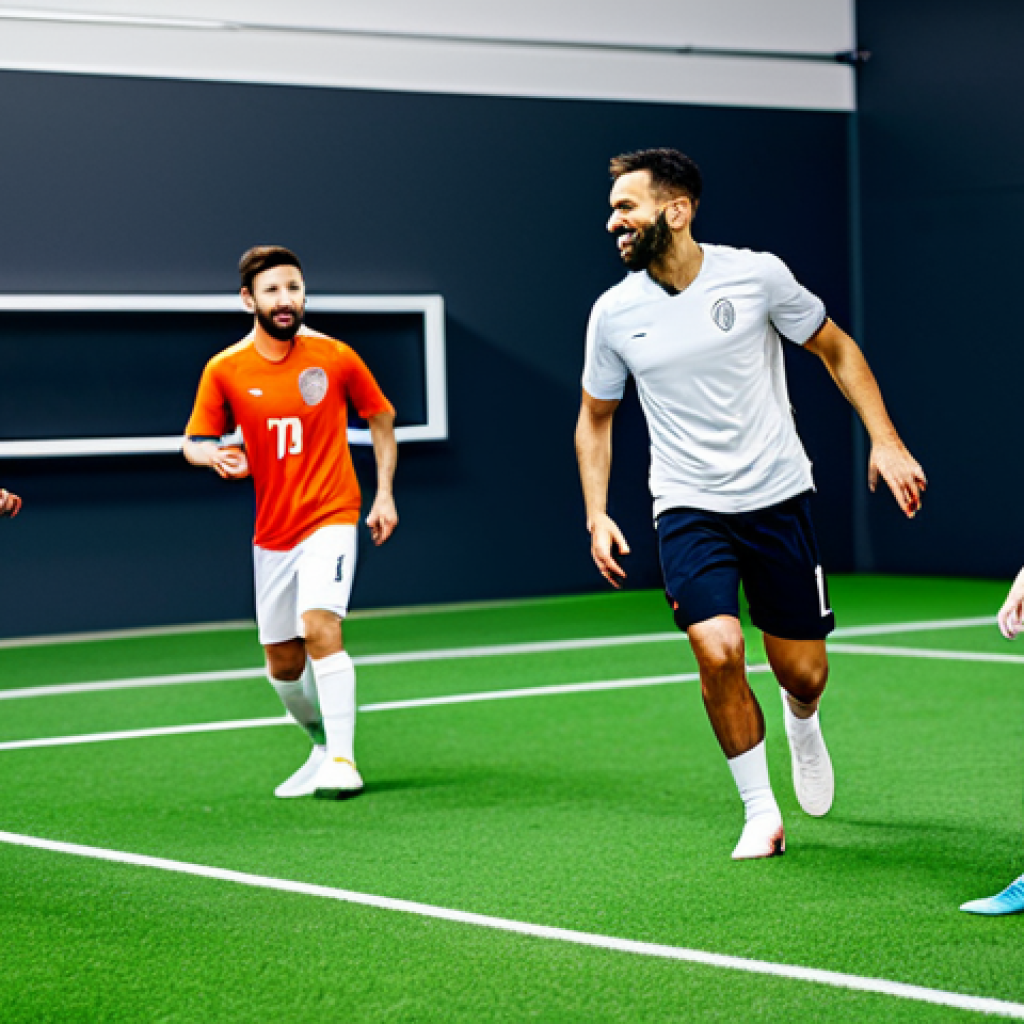 코워킹 스페이스의 친목 활동 사례 - **Prompt:** A diverse group of professionals participating in a friendly football (soccer) game in a...