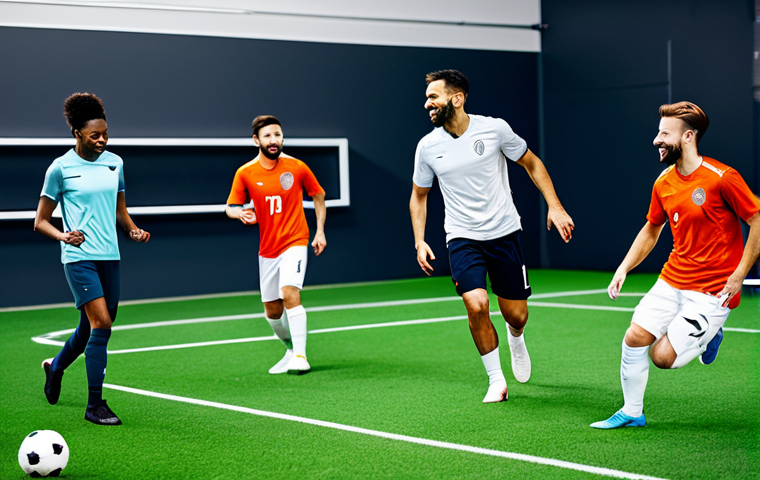 코워킹 스페이스의 친목 활동 사례 - **Prompt:** A diverse group of professionals participating in a friendly football (soccer) game in a...
