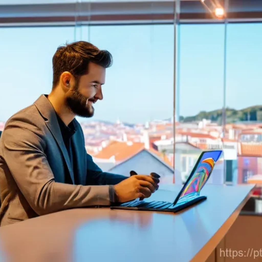2023년 코워킹 스페이스의 혁신적 기술 도입 - **Prompt 1: AI Virtual Assistant in a Modern Lisbon Coworking Space**
"A vibrant, eye-level shot...