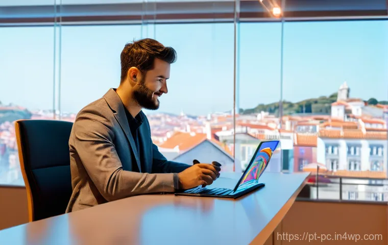 2023년 코워킹 스페이스의 혁신적 기술 도입 - **Prompt 1: AI Virtual Assistant in a Modern Lisbon Coworking Space**
"A vibrant, eye-level shot...
