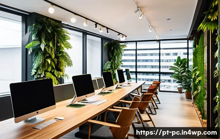 코워킹 스페이스의 고급화 전략 - A modern Brazilian coworking space interior bathed in abundant natural light, featuring ergonomic fu...