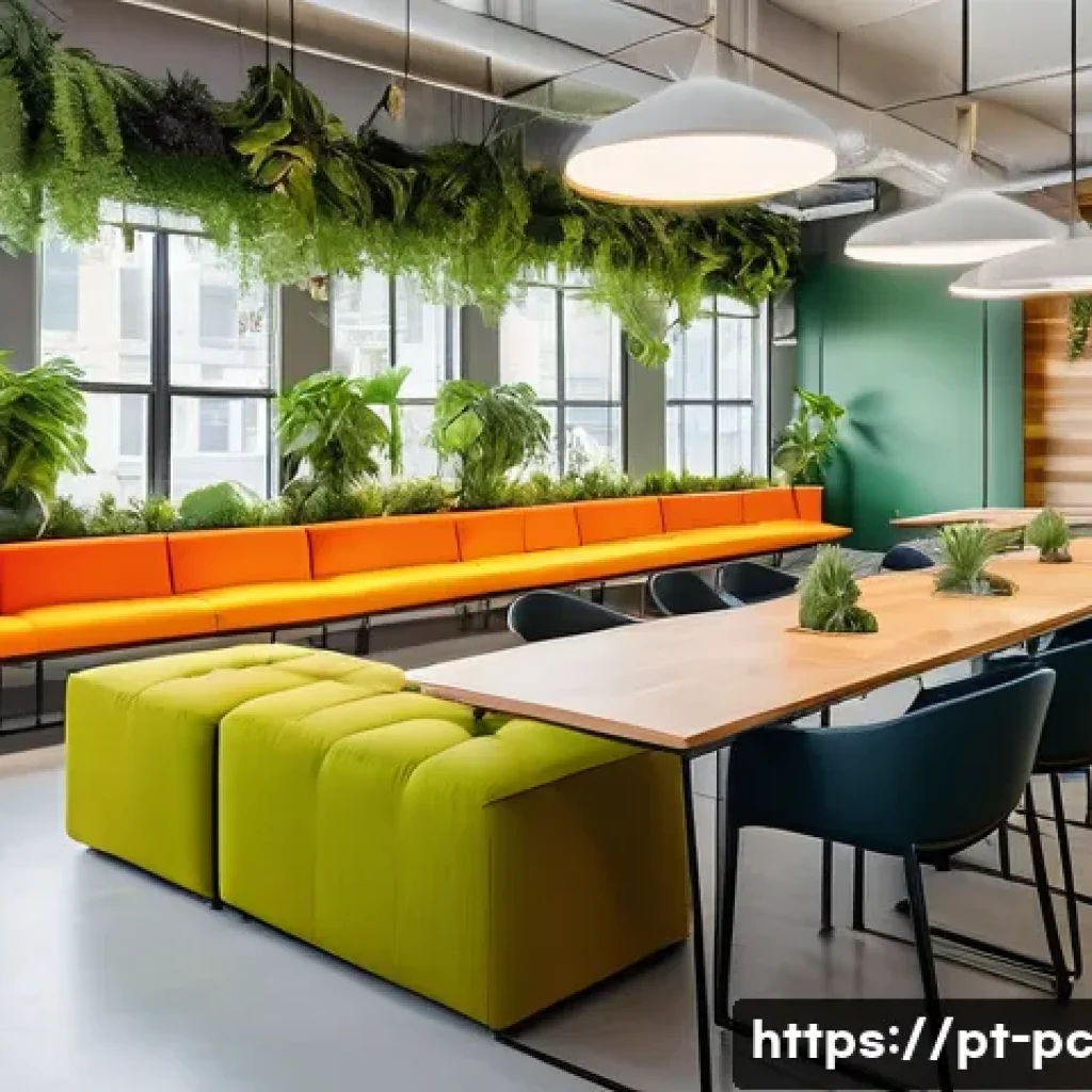 코워킹 스페이스의 인테리어 디자인 트렌드 - A vibrant coworking space interior featuring ergonomic furniture with adjustable chairs and height-r...