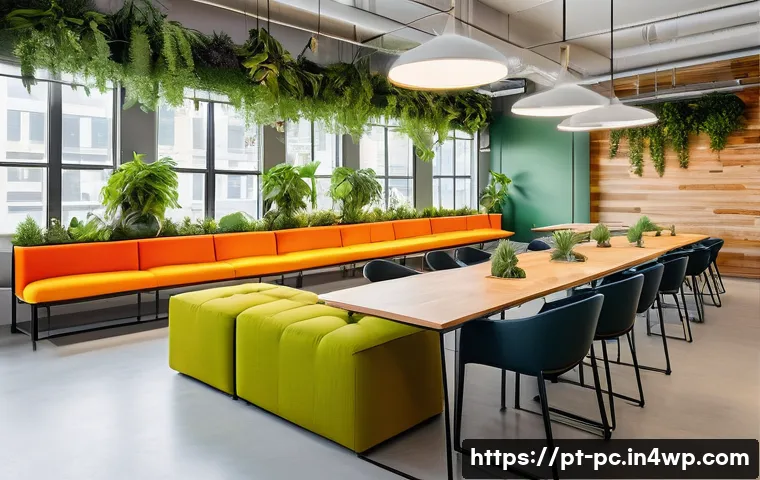 코워킹 스페이스의 인테리어 디자인 트렌드 - A vibrant coworking space interior featuring ergonomic furniture with adjustable chairs and height-r...