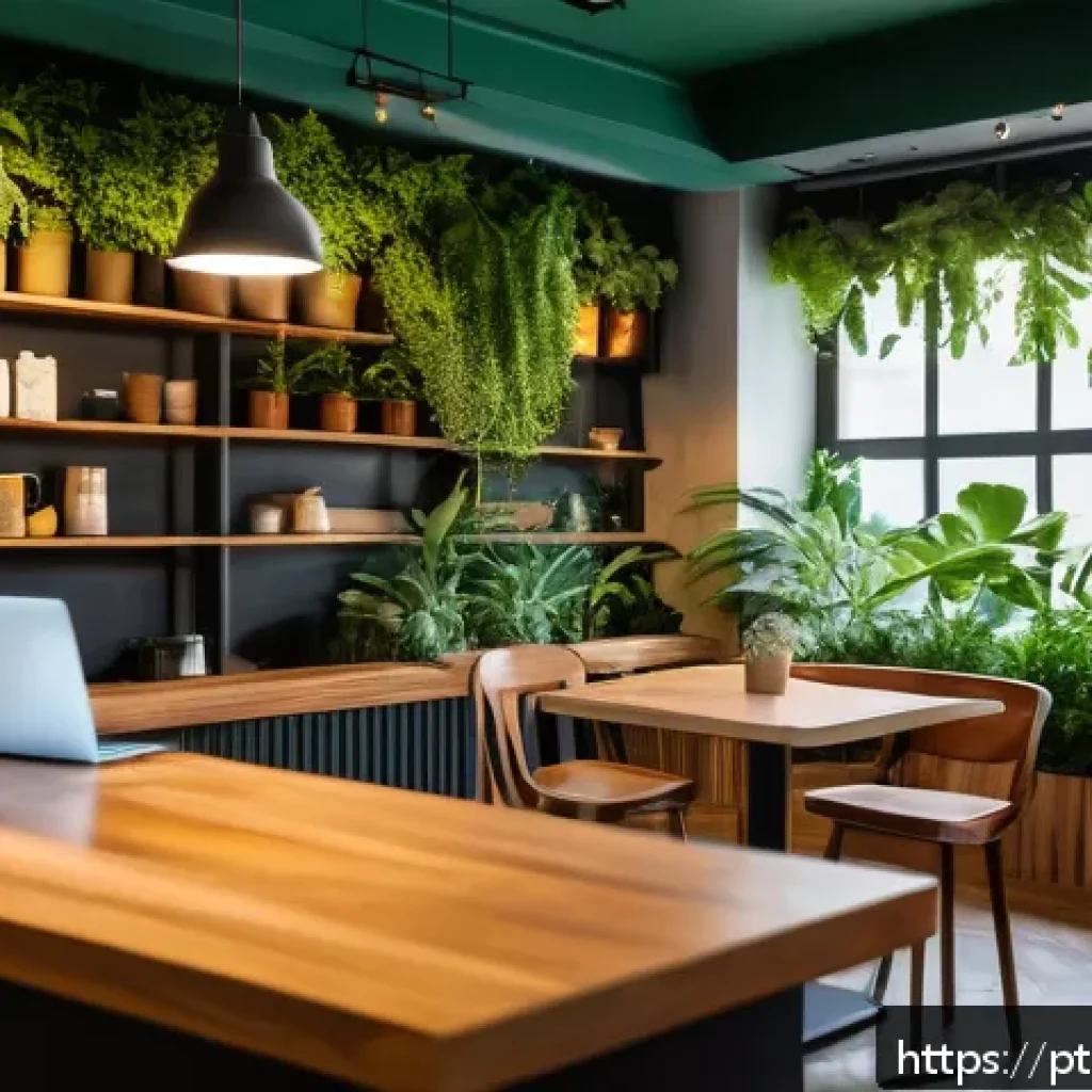 코워킹 스페이스 내 커피숍 운영 전략 - A modern coworking space with a cozy integrated café corner, featuring warm wooden furniture, soft a...