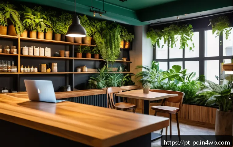 코워킹 스페이스 내 커피숍 운영 전략 - A modern coworking space with a cozy integrated café corner, featuring warm wooden furniture, soft a...