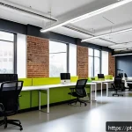 Home 18 코워킹 스페이스의 기술 도입 성공 사례 - A modern coworking space interior showcasing advanced environmental automation technology: ambient l...