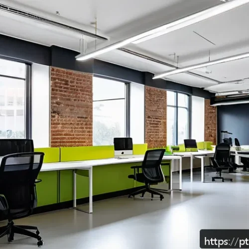 Home 30 코워킹 스페이스의 기술 도입 성공 사례 - A modern coworking space interior showcasing advanced environmental automation technology: ambient l...