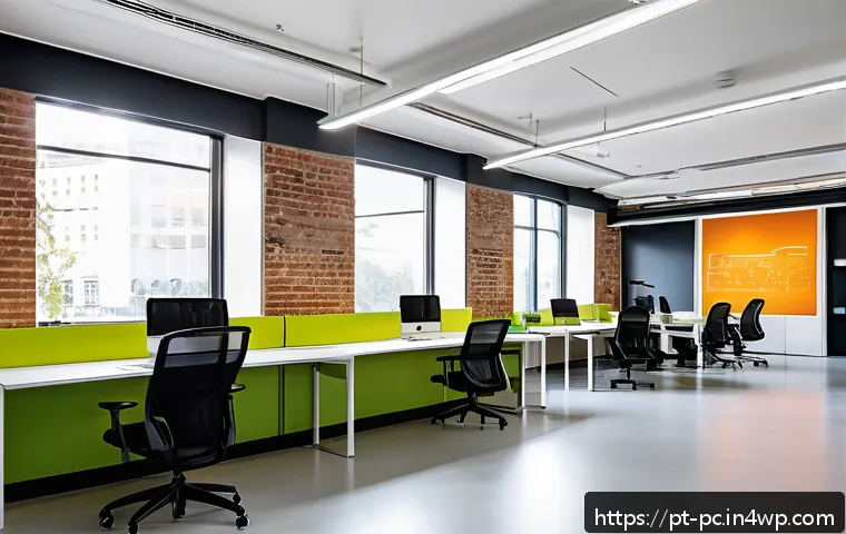 코워킹 스페이스의 기술 도입 성공 사례 - A modern coworking space interior showcasing advanced environmental automation technology: ambient l...